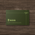 Green gift certificate for Half Moon Bay Wasabi on a wooden surface